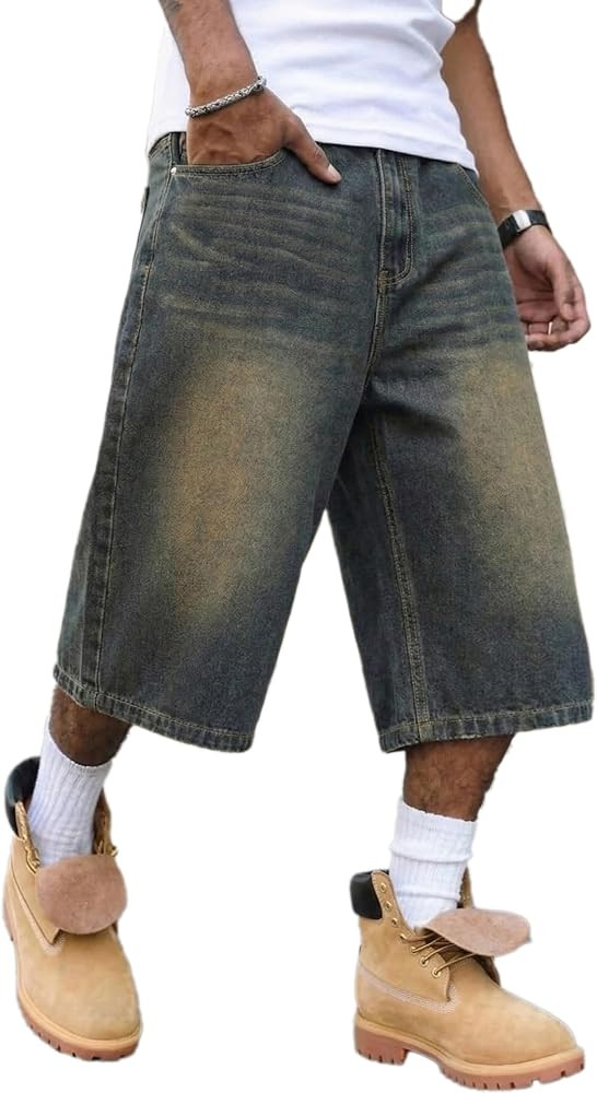 Mens Baggy Jean Shorts, Loose Fit Vintage Wide Leg Jorts, Y2K Streetwear Denim Capri Pants with E... | Amazon (US)