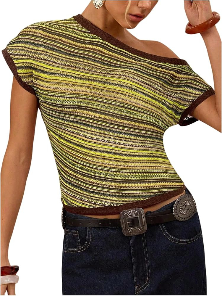 Floerns Women's Y2k Striped Off The Shoulder Blouse Tops Sheer Dolman Sleeve Vintage Going Out To... | Amazon (US)