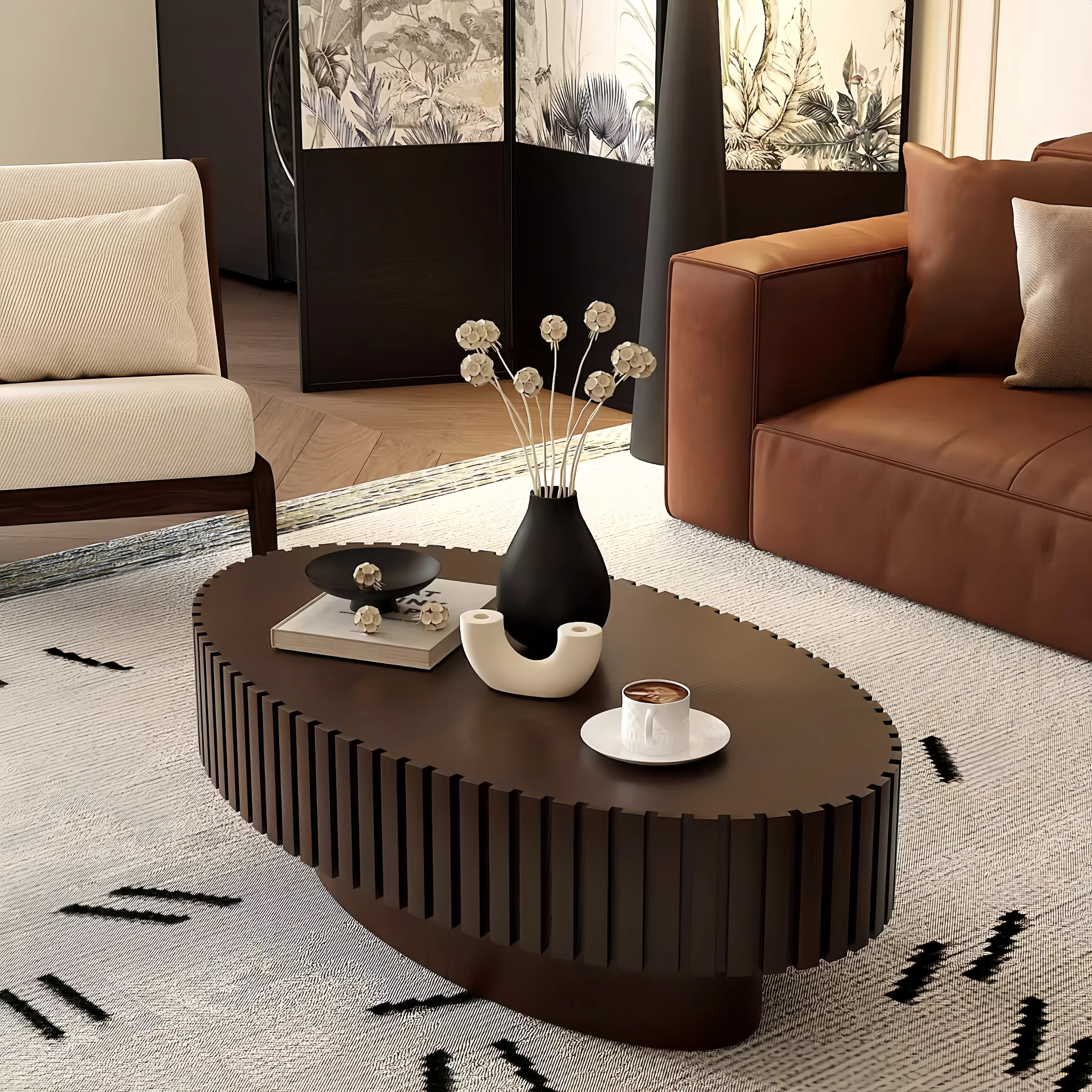 Ivy Bronx Oval Coffee Table Handcrafted Relief Wooden Olive-Shaped Tea Table For Living Room & Re... | Wayfair North America