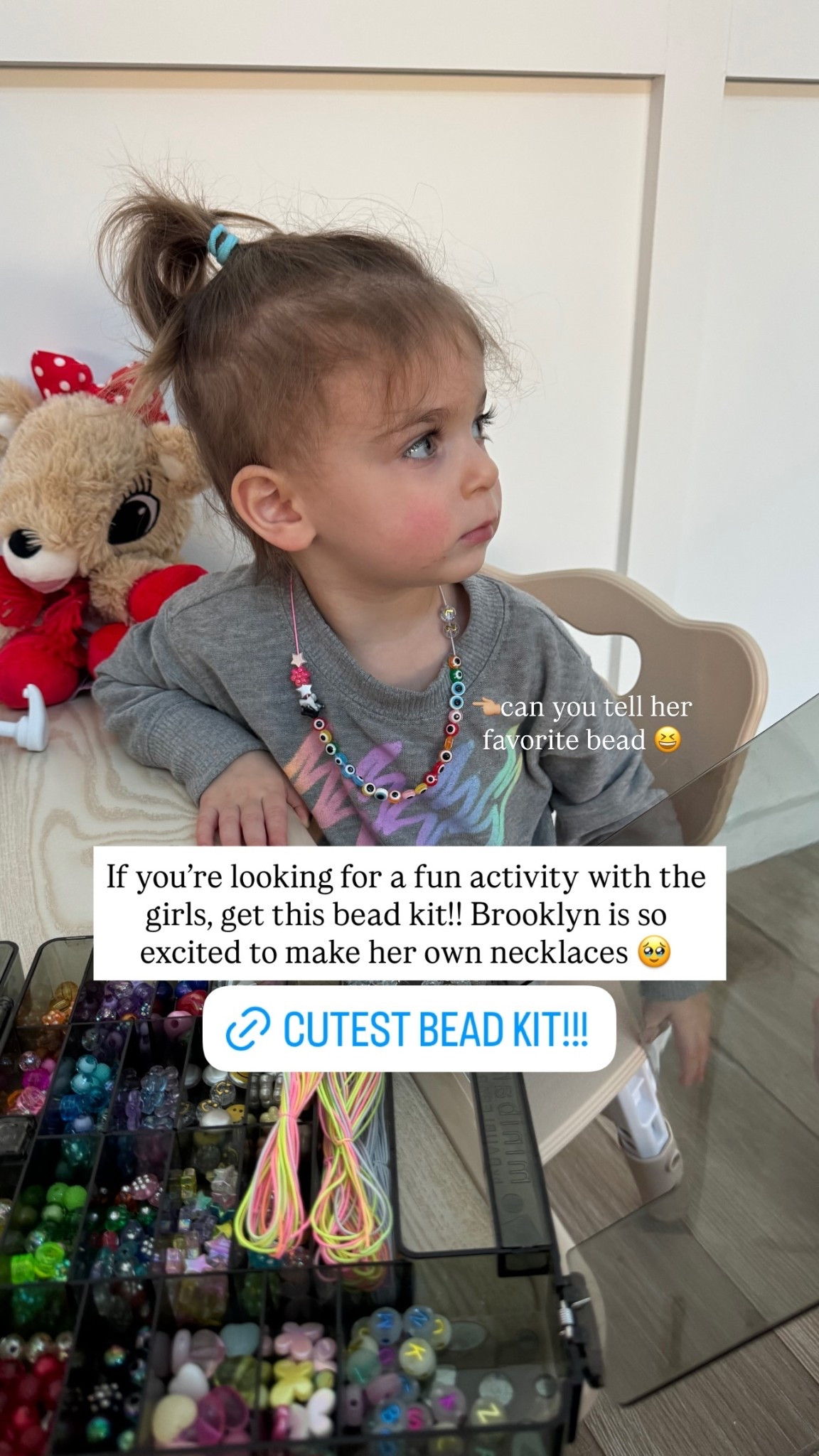 If you’re looking for a fun activity with the girls, get this bead kit!! Brooklyn is so excited to make her own necklaces 🥹 👈🏼can you tell her favorite bead 😆 @baublebar