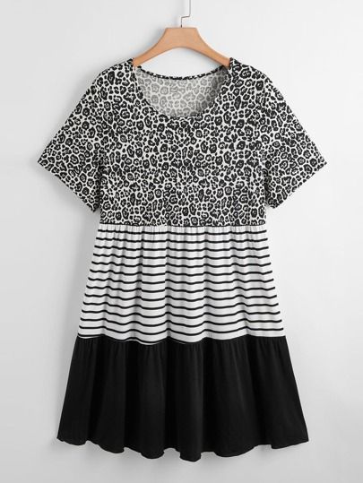 Plus Leopard And Stripe Babydoll Dress | SHEIN