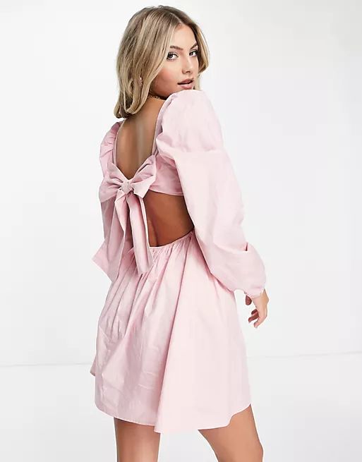 Missguided tie back dress with puff sleeve in light pink | ASOS (Global)
