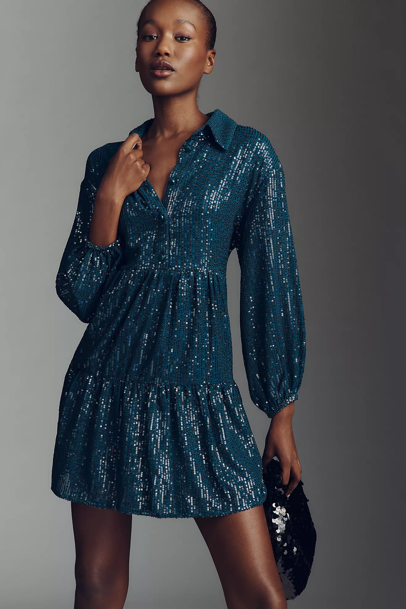 The Bettina Sequin Tiered Mini Shirt Dress by Maeve | Anthropologie (US)