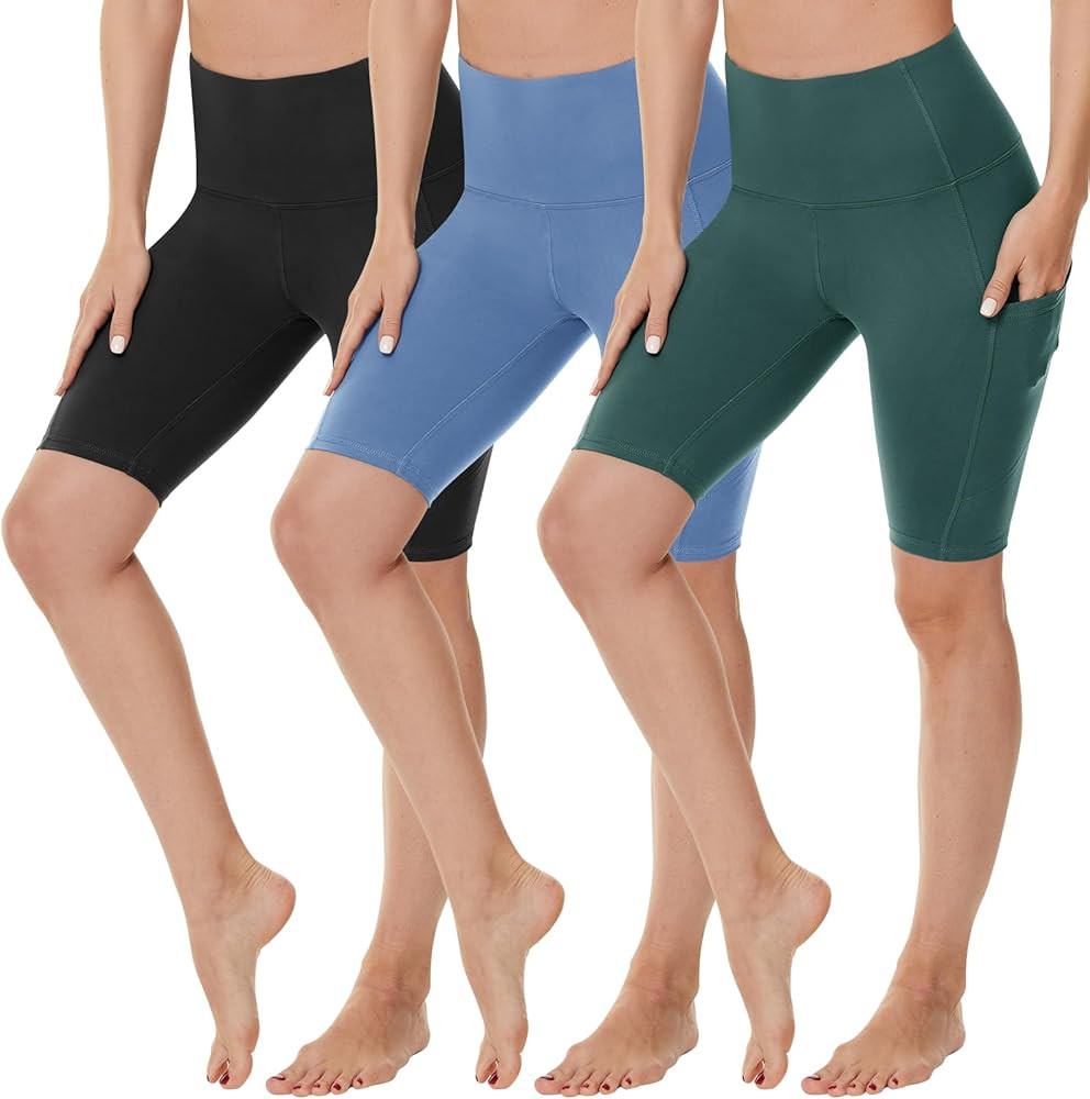 3 Pack 10" Biker Shorts for Women with Pockets, High Waisted Plus Size Workout Spandex Yoga Short... | Amazon (US)