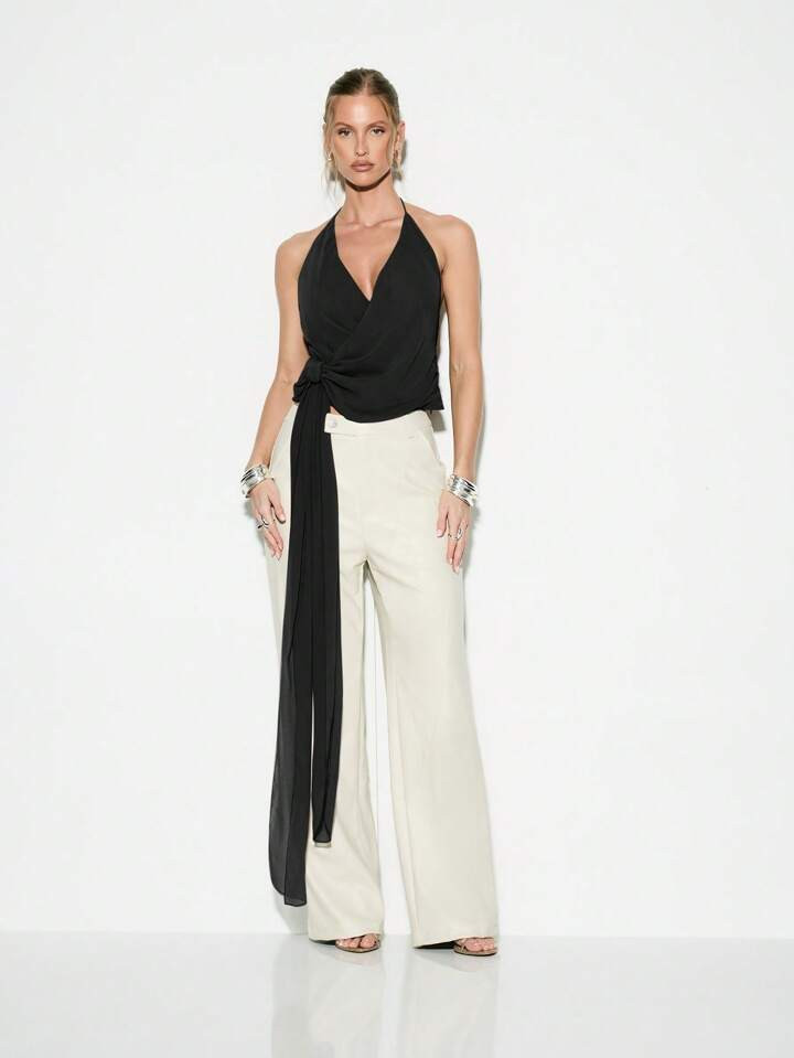 KIZN Halter Neck Wrap Top Chiffon Evening Party Summer Wedding Guest Draped Tie Side Tank Elegant Formal Occasion Blouse | SHEIN