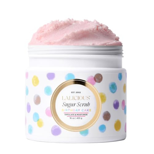 LALICIOUS Birthday Cake w Pink Shimmer - Exfoliating & Moisturizing Whipped Body Scrub | Sugar & Coconut Oil | Gently Buffs & Smooths Sensitive Skin | No Parabens | Large 16oz | Amazon (US)