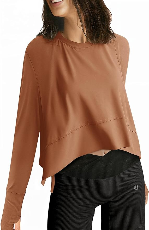 UEU Women's Crop Tops for Yoga Workout Athletic, Ice Cool Feeling Long Sleeves, Flowy Split Side ... | Amazon (US)