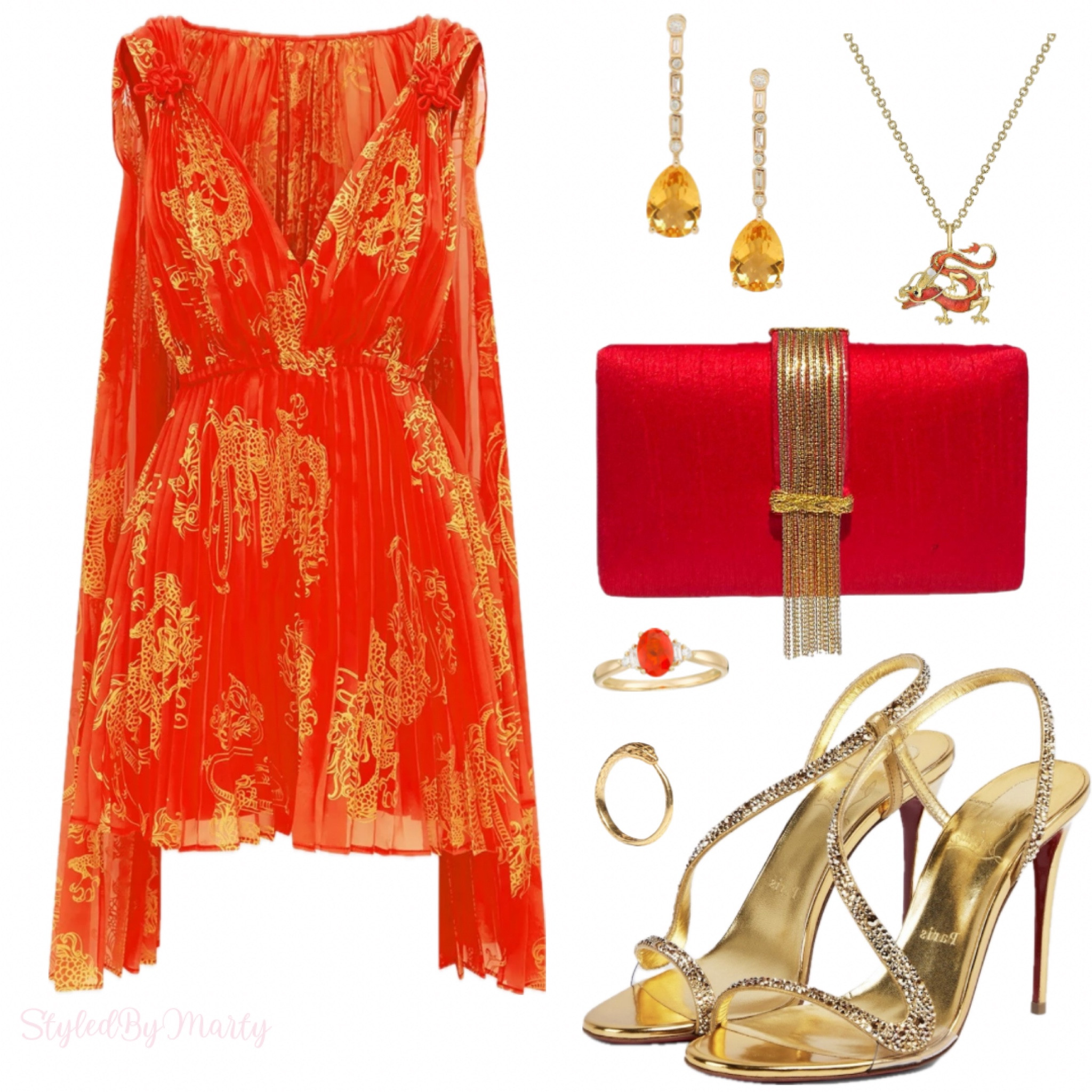 Lunar new year, Chinese new year, red outfit, red fashion, red and gold dress, party dress, mini dress, Leo Lin, gold heeled sandals, gold heels, gold jewels, dragon necklace, oriental style, oriental vibes, yellow gold earrings

#LTKstyletip #LTKparties #LTKshoecrush