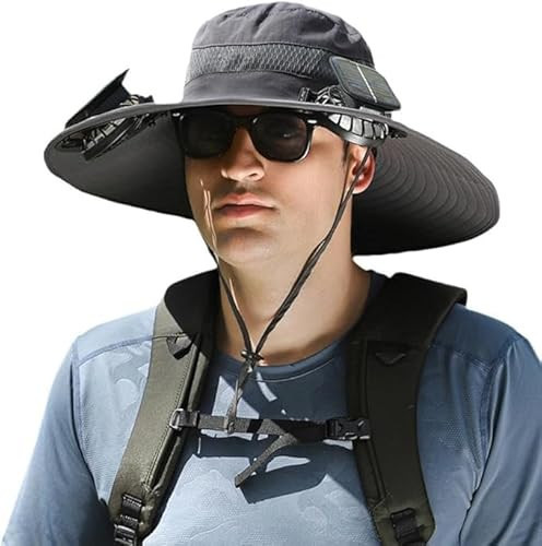 Solar Fan Hat Wide Brim Solar Fan Hat Outdoor Wide Brim Sun Hat with 2 Solar Fan Fishing Hat - Removable & USB Charging Fan (US, Alpha, One Size, Petite Plus Size, Pure Black) | Amazon (US)