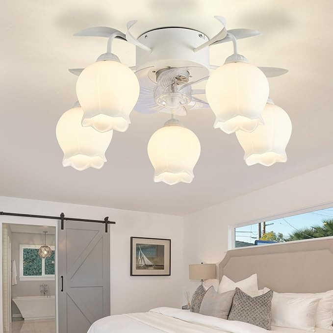 Flush Mount Chandelier Ceiling Fan: 23.6” Flower Fan Lights for Bedroom - White Fandelier with ... | Amazon (US)