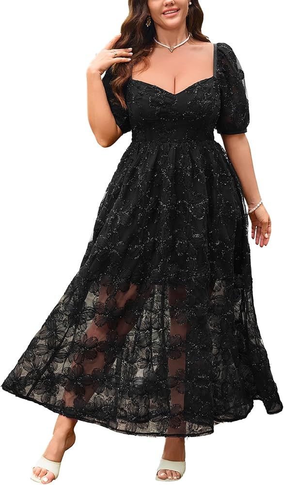 Women's 2025 Cocktail Formal Guest Dresse 3D Lace Sweetheart Neckline Puff Sleeve A Line Maxi Dre... | Amazon (US)