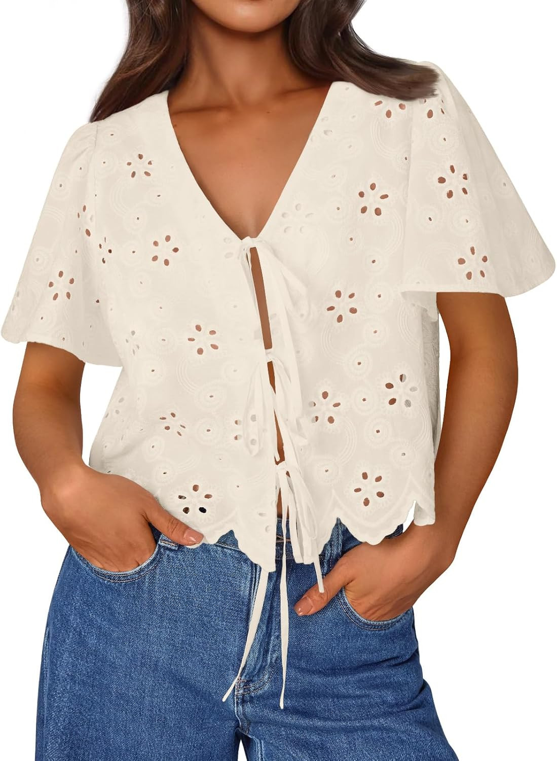 Trendy Queen Womens Summer Tops Cotton Tie Front Blouses | Amazon (US)