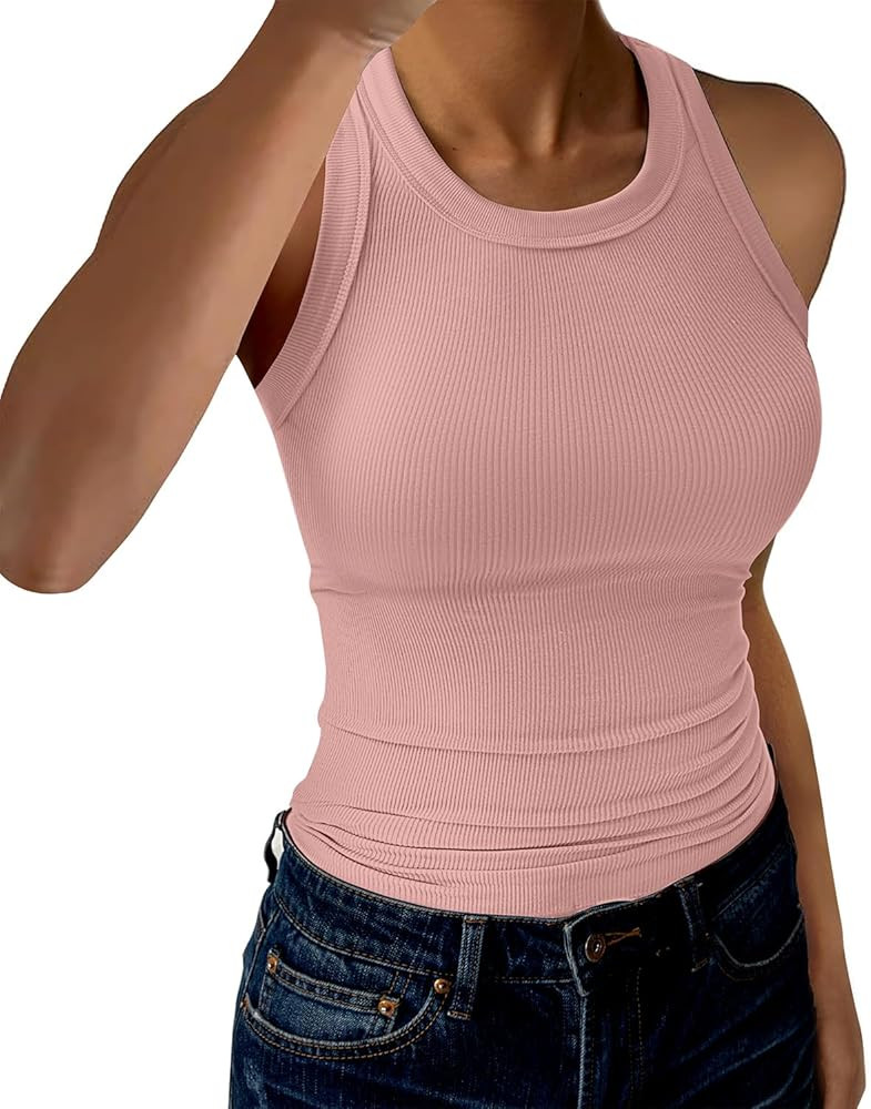 Womens Tank Tops High Neck Sleeveless Ribbed Tank Casual Basic Thick Strap Slim Fitted Racerback ... | Amazon (US)