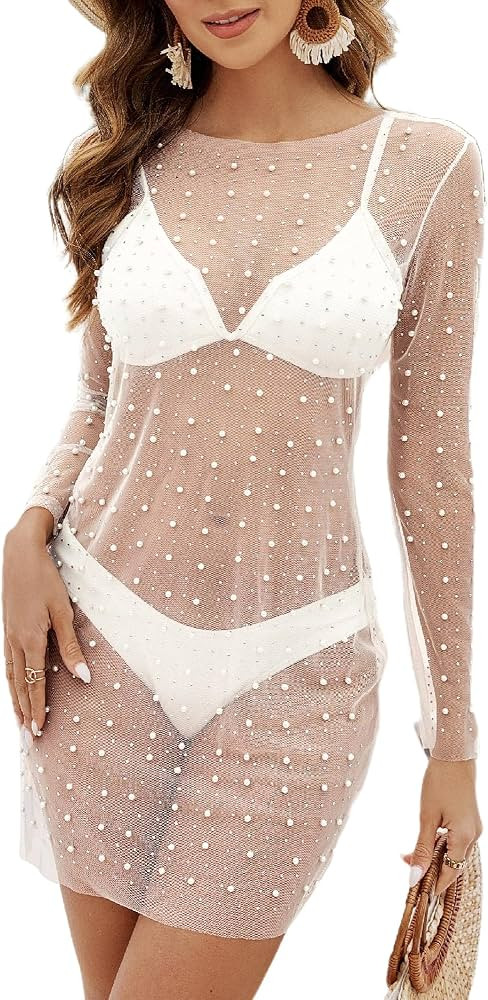 Bsubseach Bathing Suit Cover Up for Women Rhinestone Mesh Dress Swimsuit Cover Up Pearl Beach Dre... | Amazon (CA)
