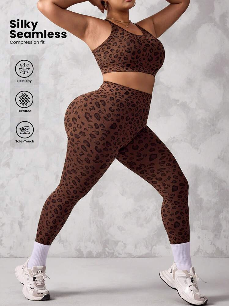 SHEIN Sport Studio Plus Size Seamless Leopard Print Camisole And Long Pants Set For Women | SHEIN