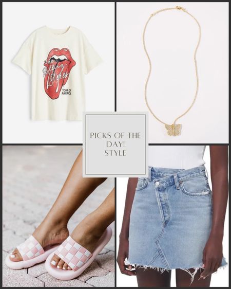 Picks of the day Style! Checkered pink sandal/slides. Denim skirt, butterfly necklace, and Rolling Stones graphic tee. Vici Collection, Pink Lily, Notdstrom, H&M.

#LTKshoecrush #LTKunder50 #LTKunder100