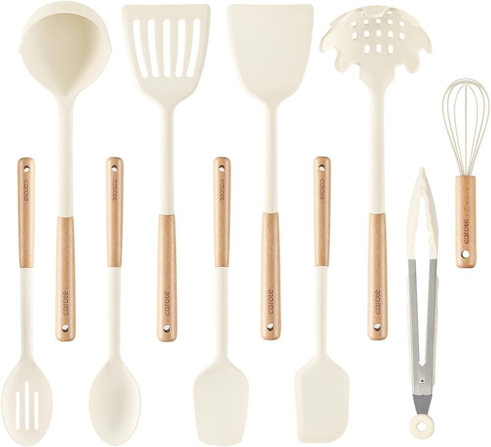 CAROTE 10PCS Kitchen Utensils Set, Silicone Cooking Utensils Set with Wooden Handle for Nonstick ... | Amazon (US)