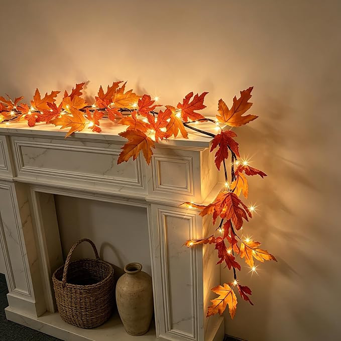 6ft Lighted Fall Maple Leaf Garland 24 LED Warm White Fairy Lights | Dual Power Battery with Time... | Amazon (US)