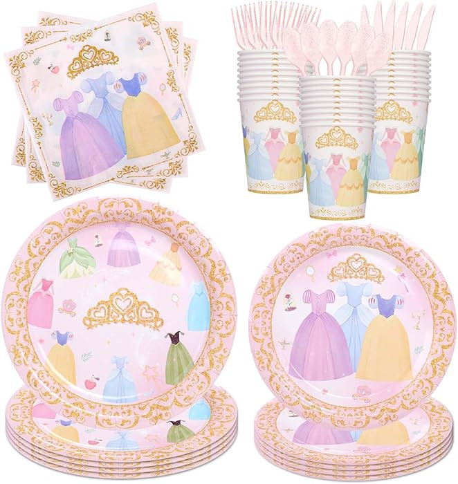 175Pcs Princess Paper Plates Napkins, Princess Themed Birthday Party Decorations Pink Party Suppl... | Amazon (US)