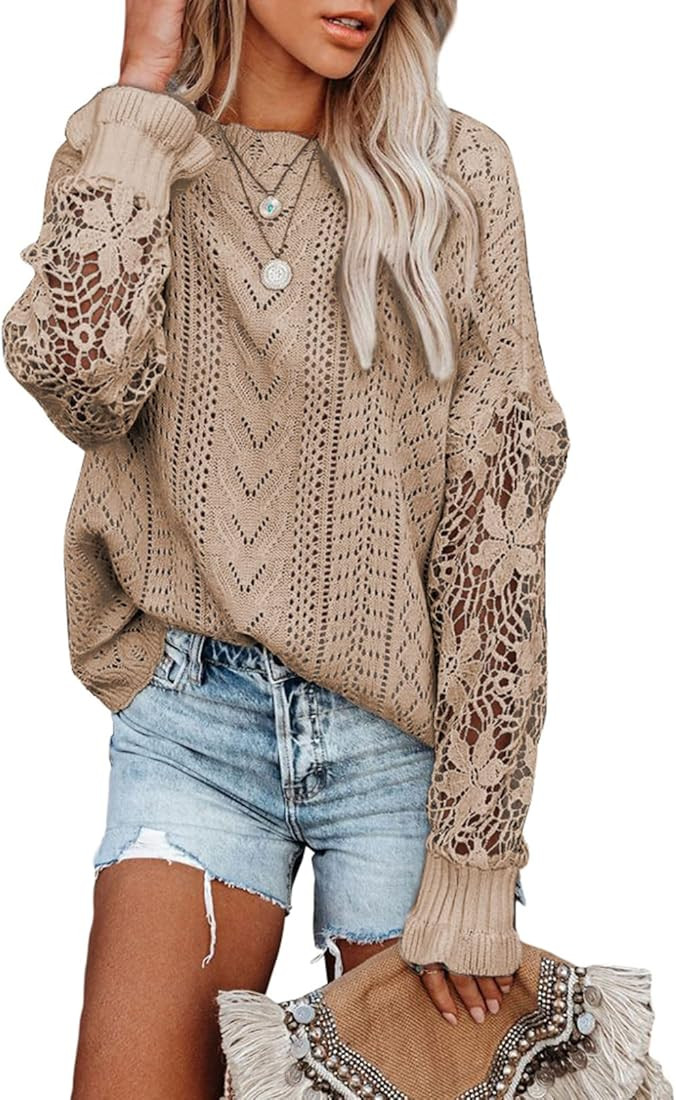 AlvaQ Women's 2023 Lace Crochet Sweater Summer Fall Lightweight Crewneck Knit Sweaters Pullover J... | Amazon (US)