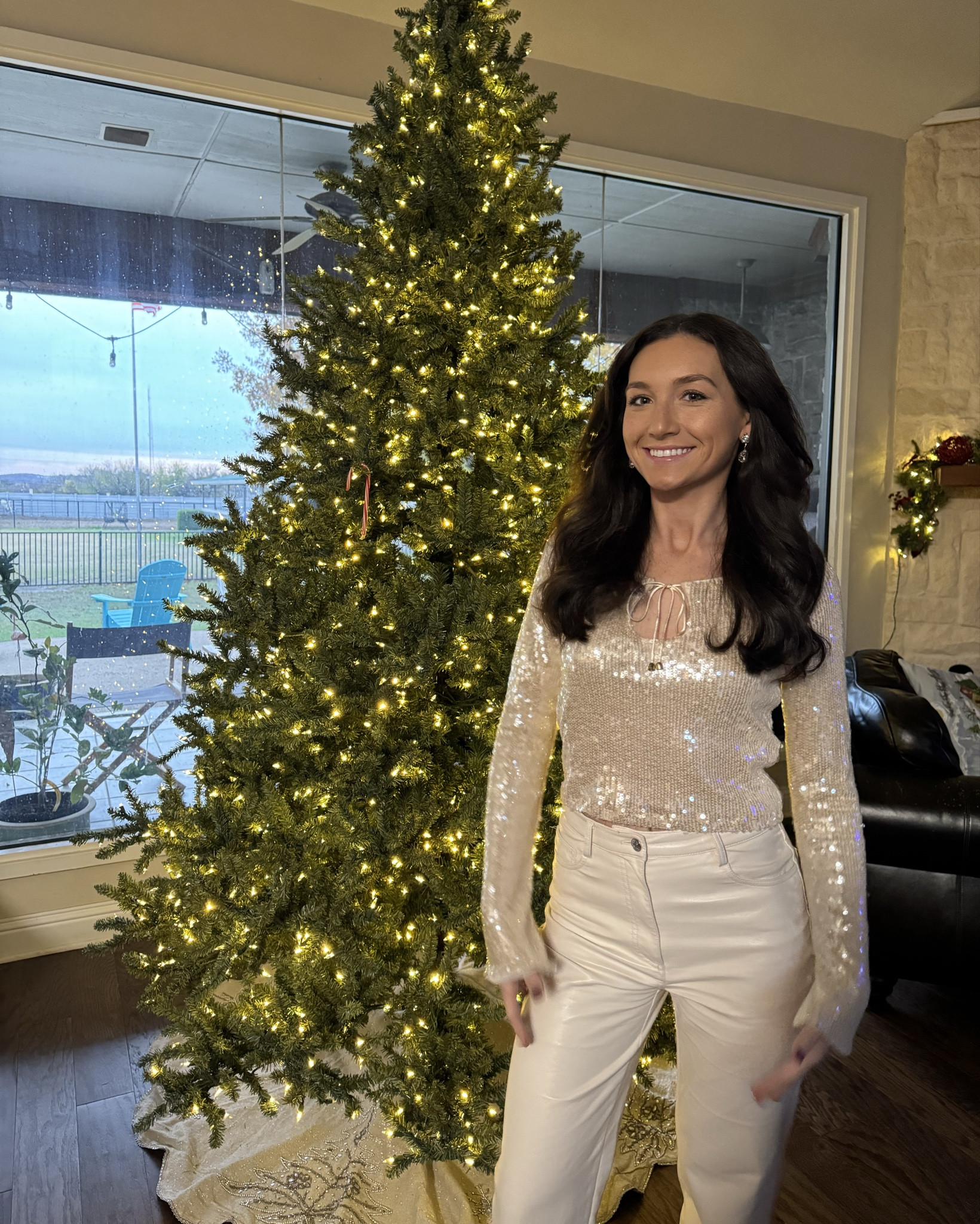 Sparkle into the season in this festive look! ✨ Loving my white sparkly top from Target, paired with cream leather pants from Aritzia, and nude heels from Nordstrom. Perfect for a Christmas party! #PartyOutfit #ChristmasStyle 

#LTKHoliday #LTKHoliday #LTKParties #LTKFindsUnder100