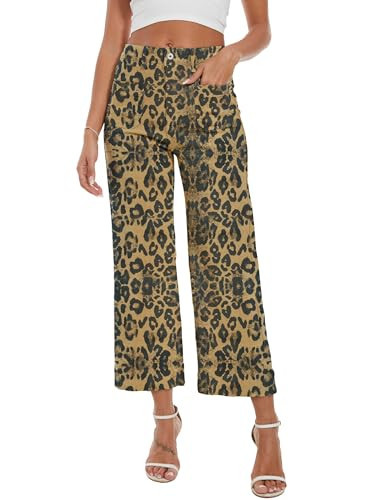 DAOAO Leopard Pants Women High Waisted Stretchy Wide Leg Jeans Woman Cropped Denim Fall Pants Trendy L | Amazon (US)