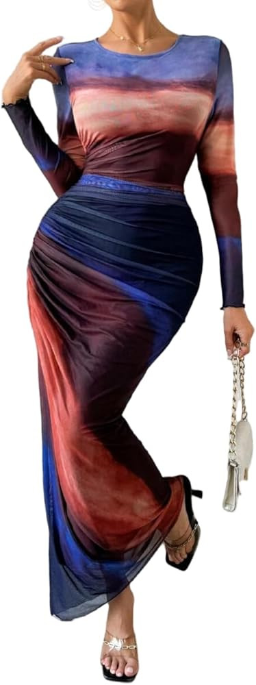 LIGHT DOT Women's Printed Bodycon Maxi Dress Long Sleeve Tie Dye Mesh Ruched Cocktail Dress | Amazon (US)
