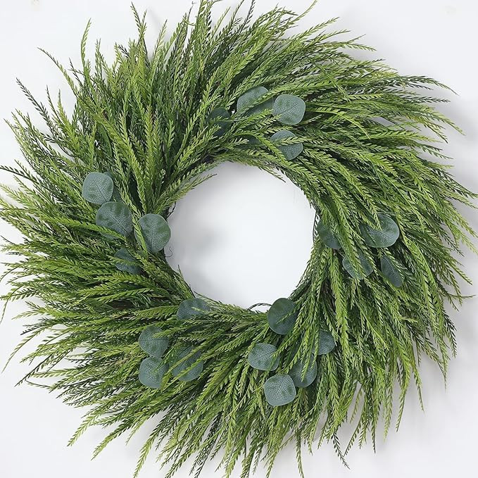 26" Artificial Saw Grass Wreath for Front Door, Lifelike Faux Saw Grass Wreath with Fake Eucalypt... | Amazon (US)