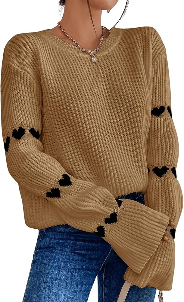 Yimoon Women Heart Sweater Round Neck Drop Shoulder Long Sleeve Knitted Casual Pullover Sweater T... | Amazon (US)