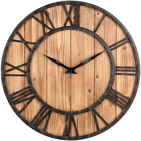 Oldtown Farmhouse Metal & Solid Wood Noiseless Wall Clock (Wood, 24-inch) | Amazon (US)