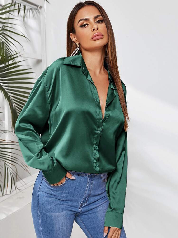 Felegant Solid Button Through Satin Shirt | SHEIN