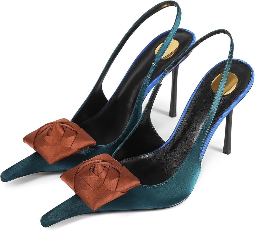 Flower High Heels for Women Closed Pointed Toe Stilettos Heel Pumps Slip On Elastic Ankle Strap S... | Amazon (US)