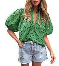 PRETTYGARDEN Women's Summer Tops 2026 Dressy Casual Short Sleeve V Neck Buttons Hollow Eyelet Lac... | Amazon (US)