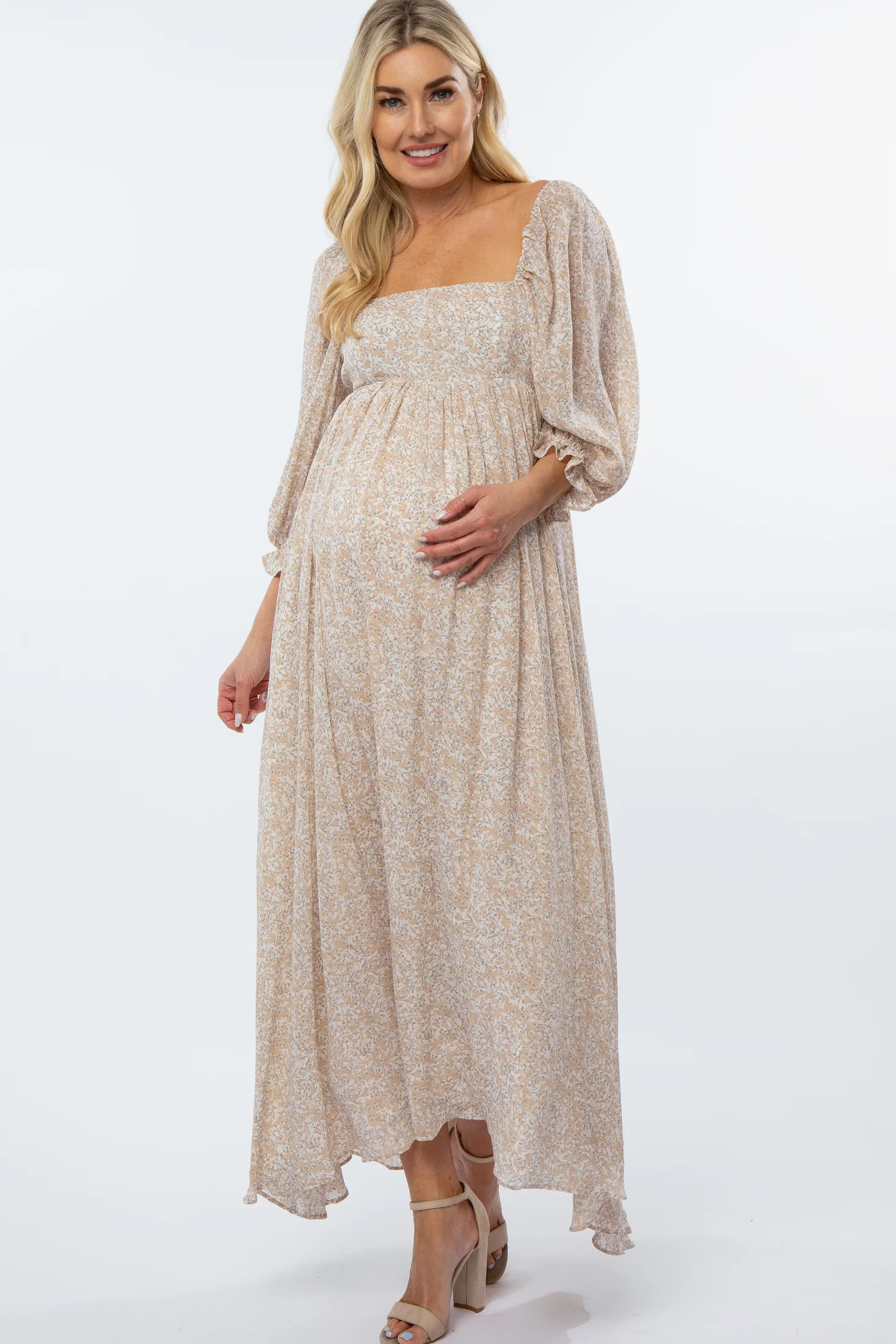 Beige Chiffon Printed Square Neck Empire Maternity Maxi Dress | PinkBlush Maternity