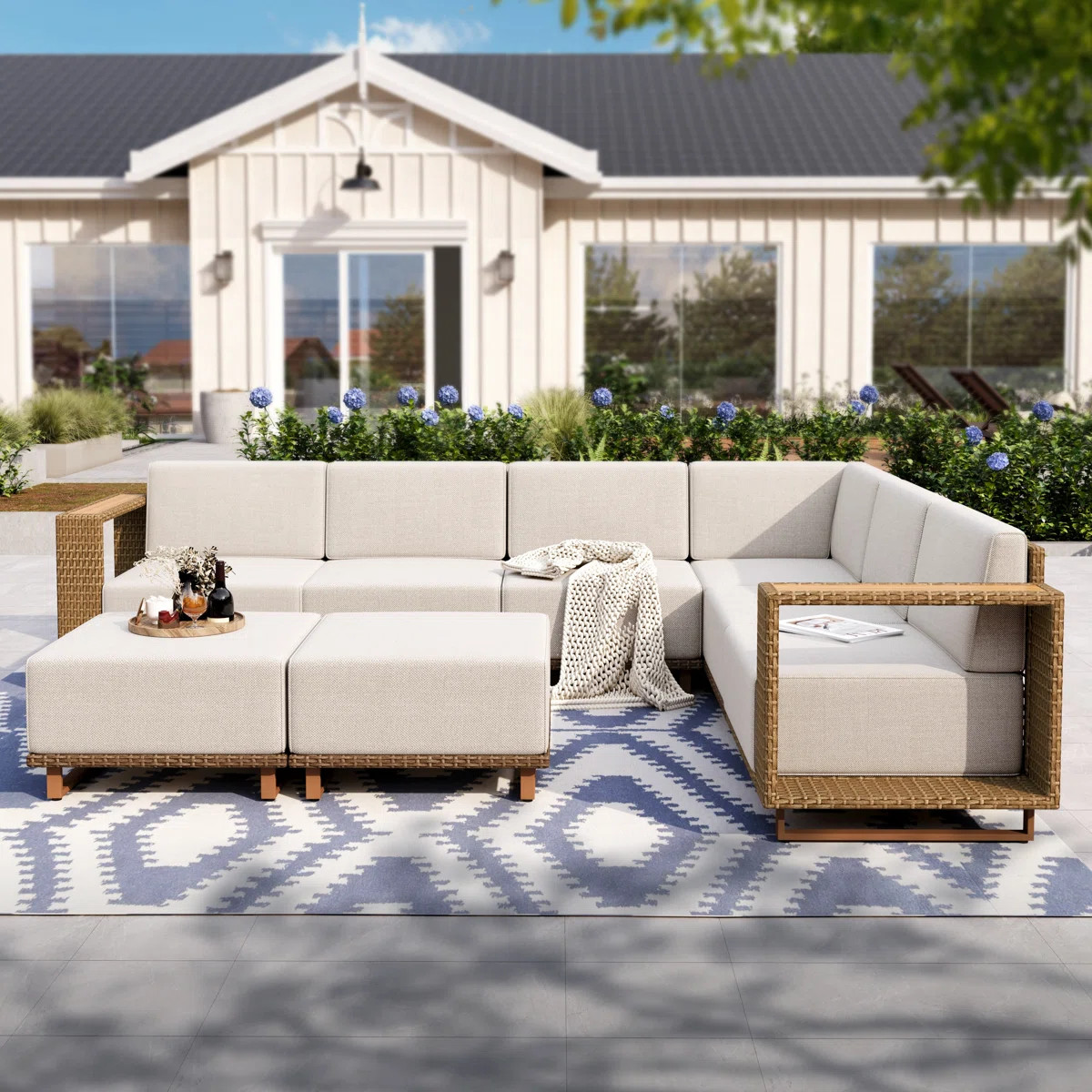 Beige L-Shaped Modular Outdoor Sectional Sofa Wicker Patio Furniture Set with Ottomans. Features ... | Wayfair North America