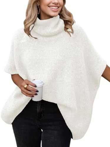 Womens Turtleneck Batwing Sleeve Sweater Knitted Oversized Chunky Short Dolman Tops | Amazon (US)