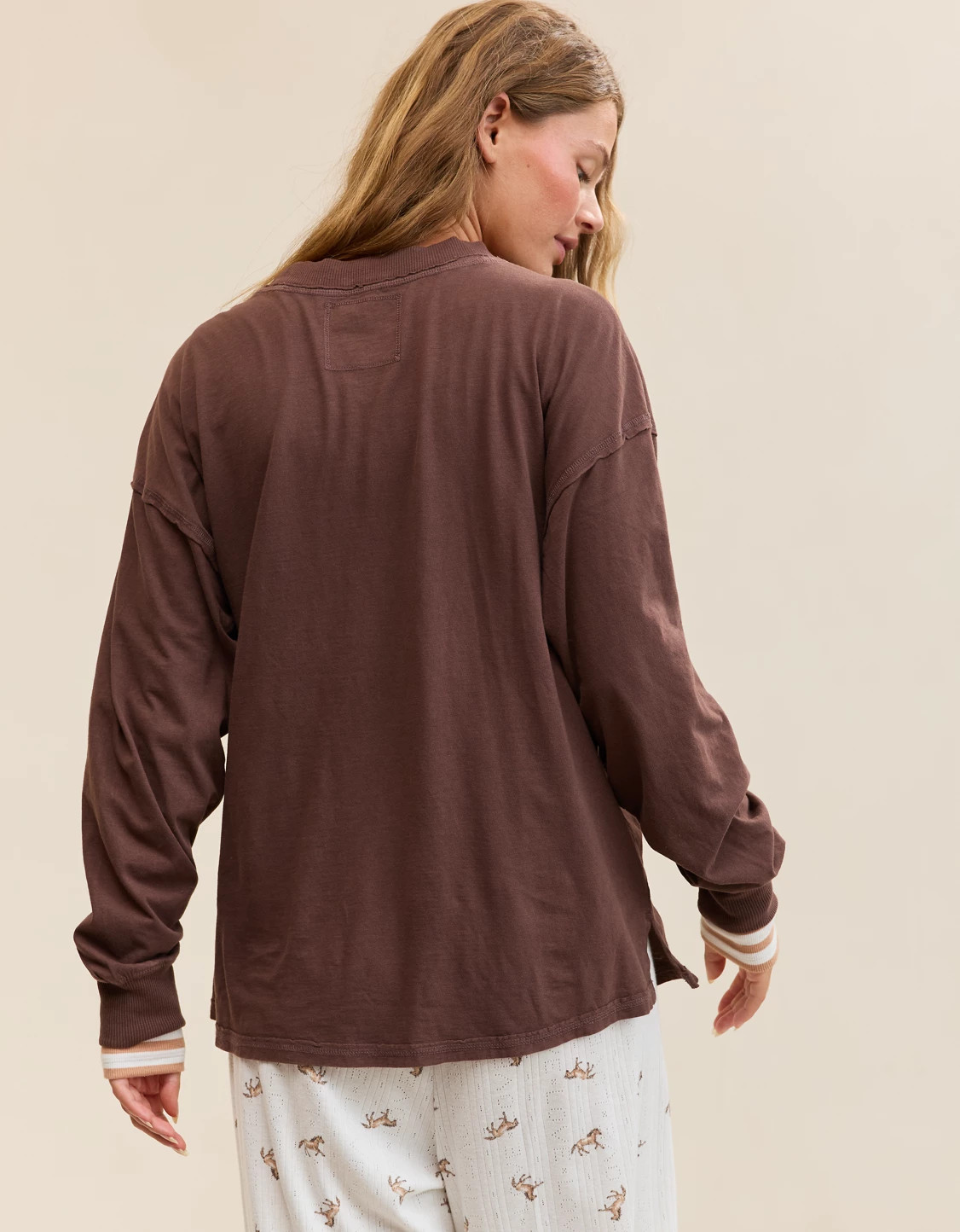 Aerie Cozy Oversized Long Sleeve Boyfriend T-Shirt Women's Brown XXS | Aerie