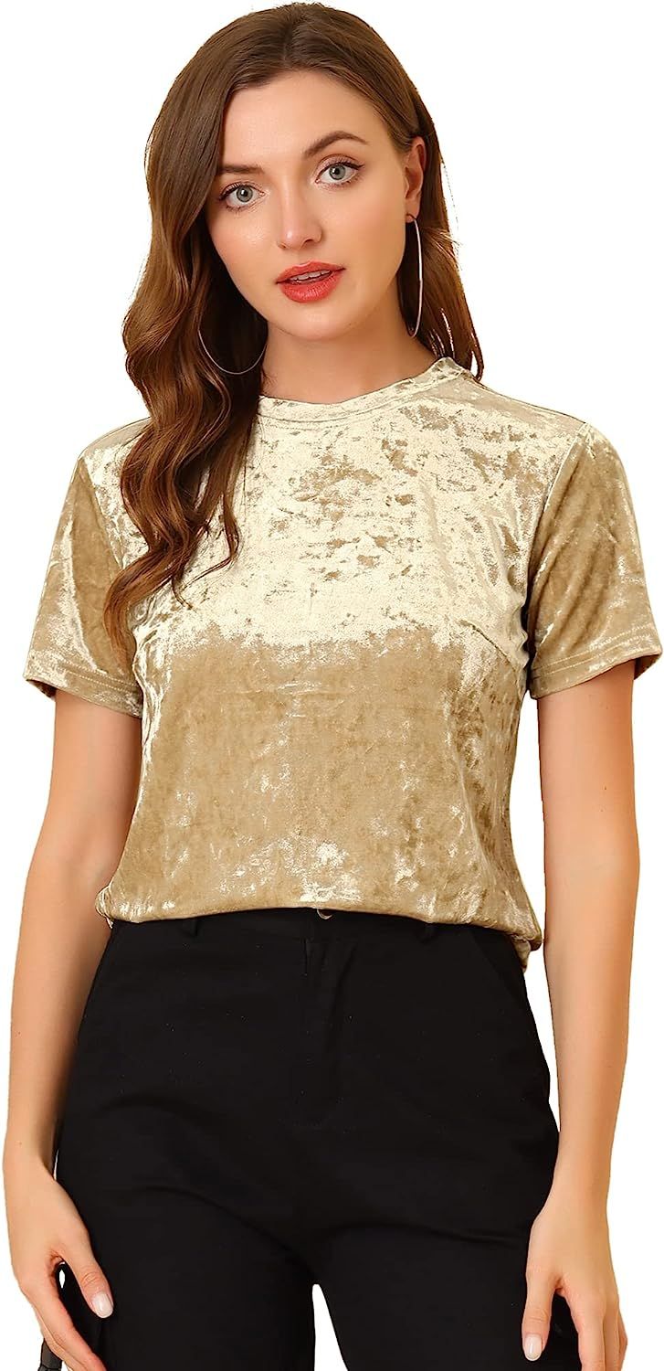 Allegra K Women's Velvet Top Crew Neck Short Sleeve Casual T-Shirt | Amazon (US)