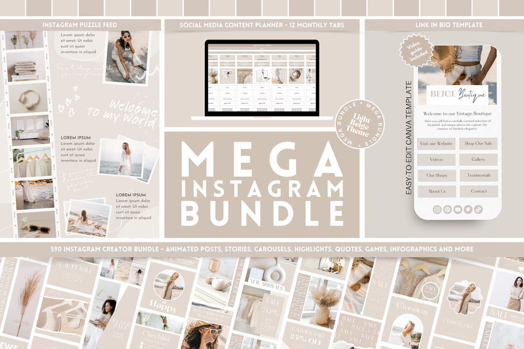 Mega Instagram Template Bundle: Beige Boho Canva Stories, Posts, Carousels, Quotes, Social Media ... | Etsy (US)