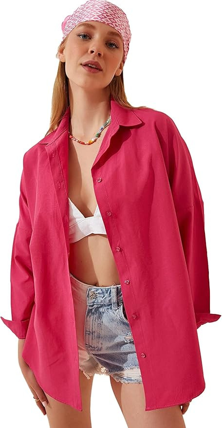 Oversized Button Down Shirts for Women, Casual Long Sleeve Dressy Blouses Tops (Small, Dark Green... | Amazon (US)