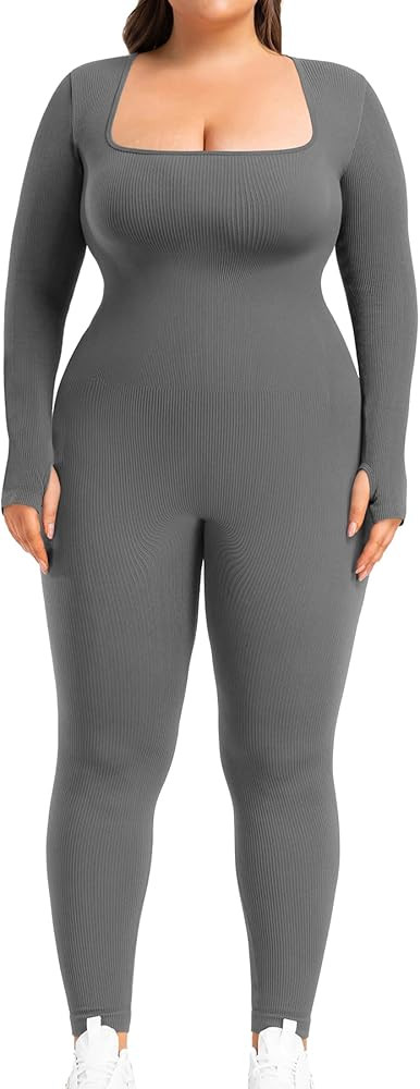 BLEVONH Women's Yoga Jumpsuits Ribbed Workout Rompers Square Neck Long Sleeve Bodysuits Full Leng... | Amazon (US)