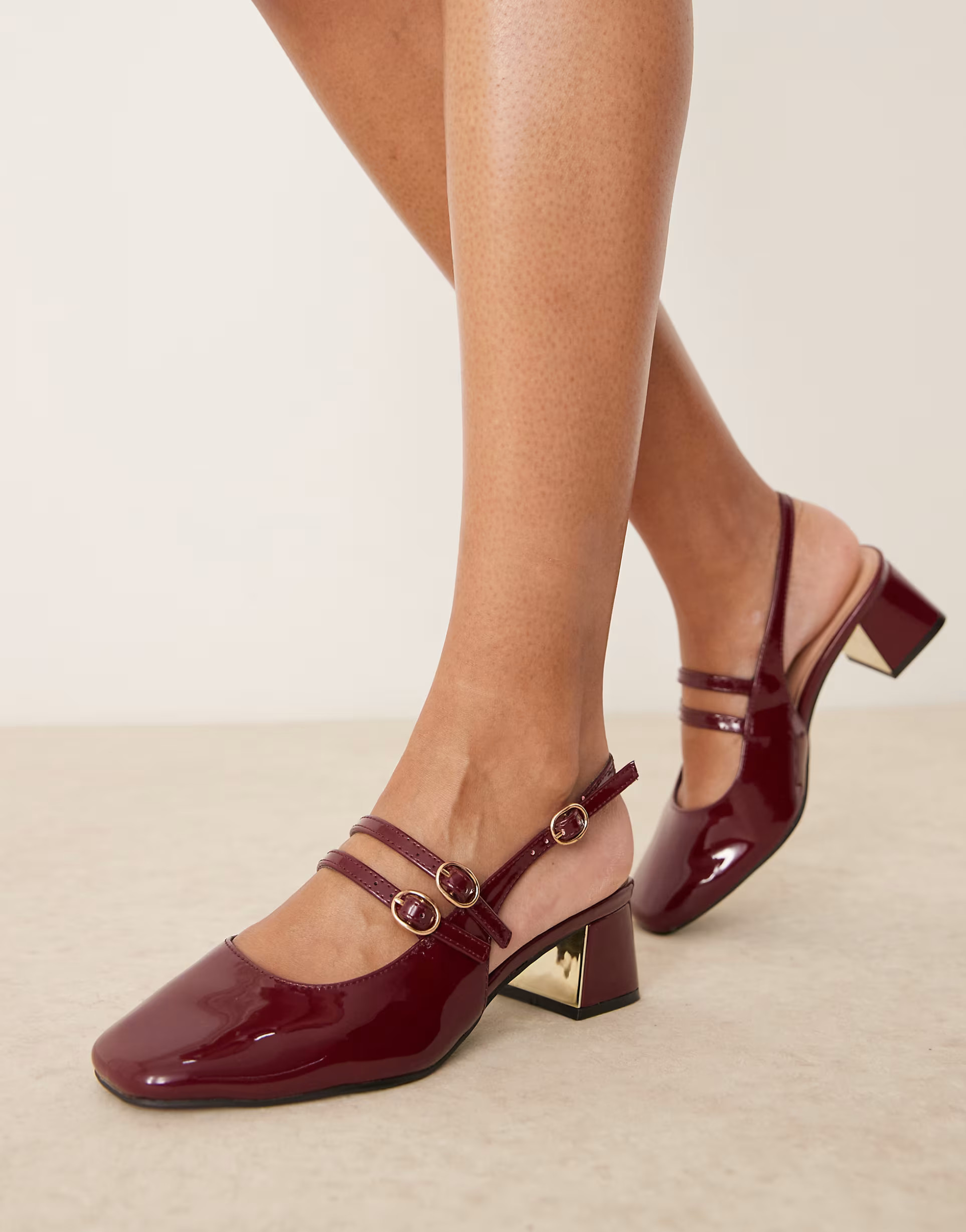 New Look Wide Fit double buckle sling back heeled maryjane in burgundy | ASOS (Global)