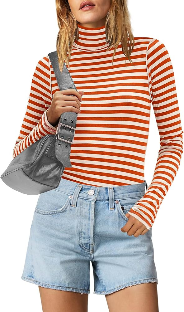 SENSERISE Womens Striped Shirts Long Sleeve Turtleneck Ribbed T Shirt Slim Fitted Lightweight Lay... | Amazon (US)