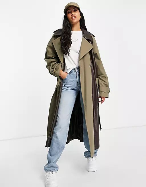 ASOS DESIGN faux leather spliced trench in brown | ASOS (Global)