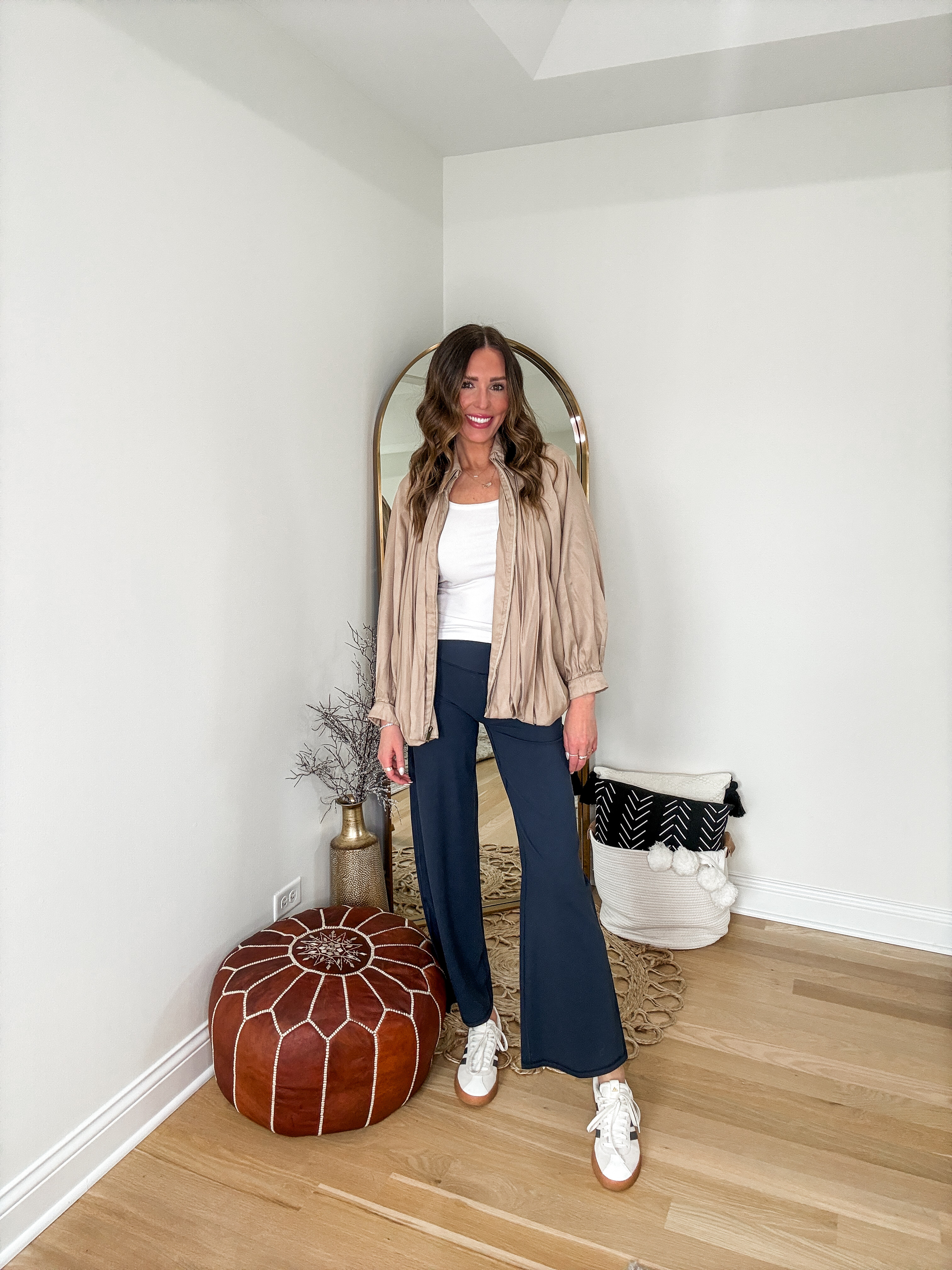 These wide leg pants are stretchy and comfy. You can dress them up or down! // wearing a small in the jacket, tee and pants. Sneakers fit true to size.  

 #LTKootd #LTKSeasonal #LTKActive