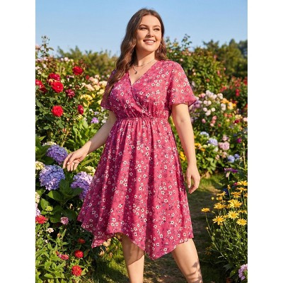 Clearlove Plus Size Summer Wedding Guest Midi Dress for Curvy Women, V Neck Short Sleeve Waist A Line Floral Dress - Rose Red,S | Target