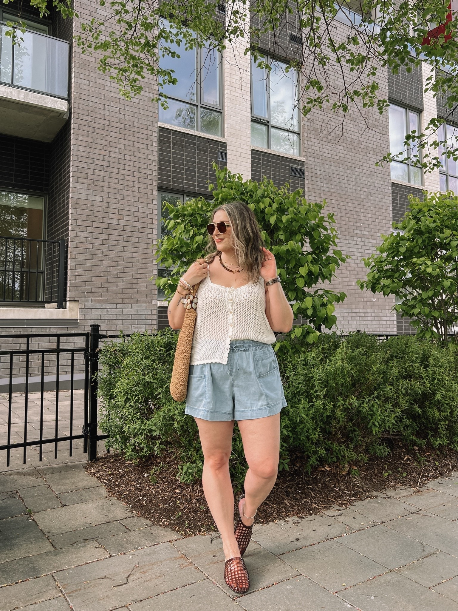 Casual summer outfit! Shorts are so comfy and perfect for a hot day! Wearing my usual size L. Crochet tank top is breezy and the mesh is small enough that I don’t wear a cami underneath. Jelly shoes are comfy, but size up if between. I’m a 9.5-10 and wear a 10. Canadian Old Navy links are under “similar products”

#LTKsummer #LTKsale #LTKmidsize