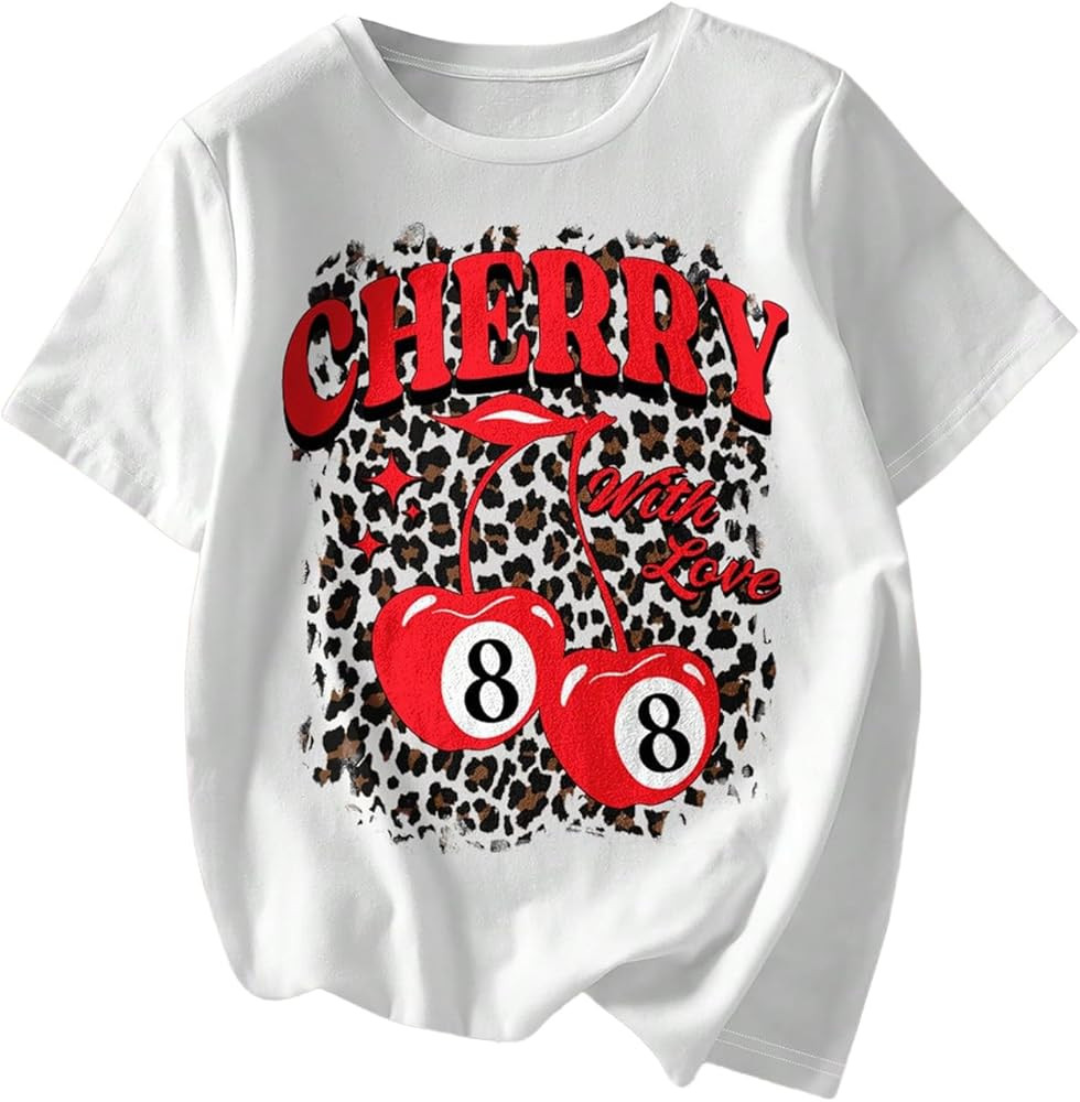Women's Leopard Short Sleeve T Shirt Y2k Cherry Crew Neck Tee Shirt Top | Amazon (US)