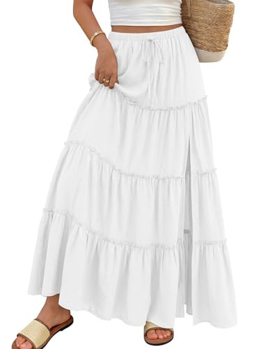 Trendy Queen Maxi Boho Skirt Long Skirts for Women Slit Summer Vacation Outfits A-Line Dress with Pockets Fashion Clothing White L | Amazon (US)