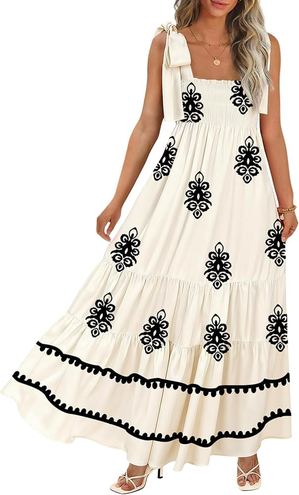 Women's Summer Maxi Dress Boho Spaghetti Straps Casual Long A-line Smocked Beach Dress Square Nec... | Amazon (US)
